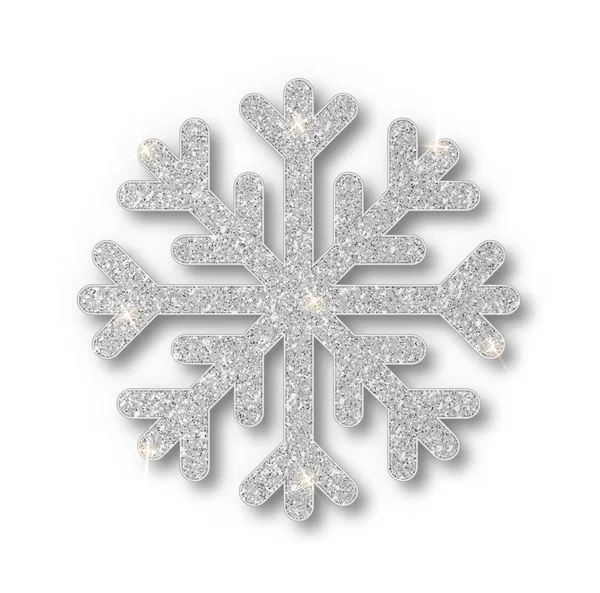 Silberne Schneeflocke, Weihnachtsdekoration, überzogen mit hellem Glitzern. Silber glitter Textur Schneeflocke isoliert. Weihnachtsschmuck silberner Schnee mit hellem Glanz — Stockvektor