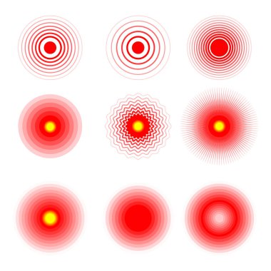 Acı kadın ve erkek vücut parçaları, boyun, kemik, kas ve baş ağrısı işaretlemek için acı kırmızı halkalar. Radyal hedef tıbbi sorun illüstrasyon tıp vektör kümesi.