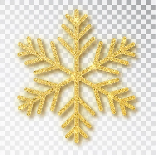 Décoration de Noël, flocon de neige doré couvert de paillettes brillantes, sur fond transparent. Ornement de Noël neige dorée avec des étincelles lumineuses — Image vectorielle