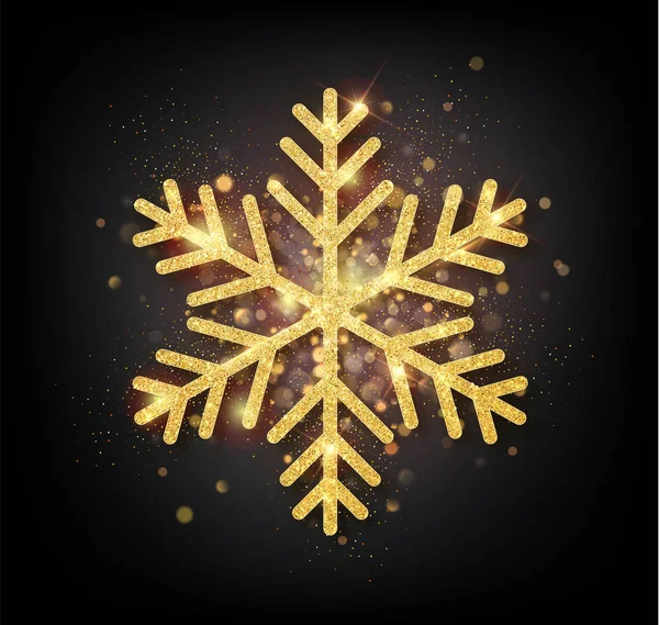 Funkelnde goldene Schneeflocke mit Glitzertextur für Weihnachten, Neujahrsgrußkarte. Vektor schwarzer Hintergrund mit isolierter Winterschneeflocke. — Stockvektor