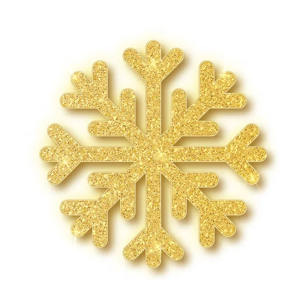 Shine golden snowflake covered with glitter on transparent background. Christmas decoration with shining sparkling light effect. Vector isolated icon. New Year golden glittering ornament — Stock Vector