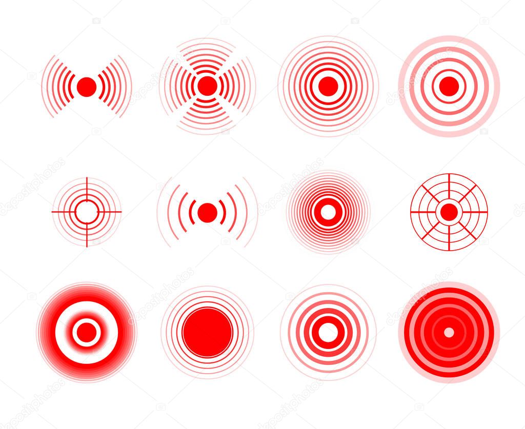 Pain circles. Red painful target spot, targeting medication remedy circle and joint pain spots. Muscle pain, painful headaches or health healing sound wave isolated vector icons set