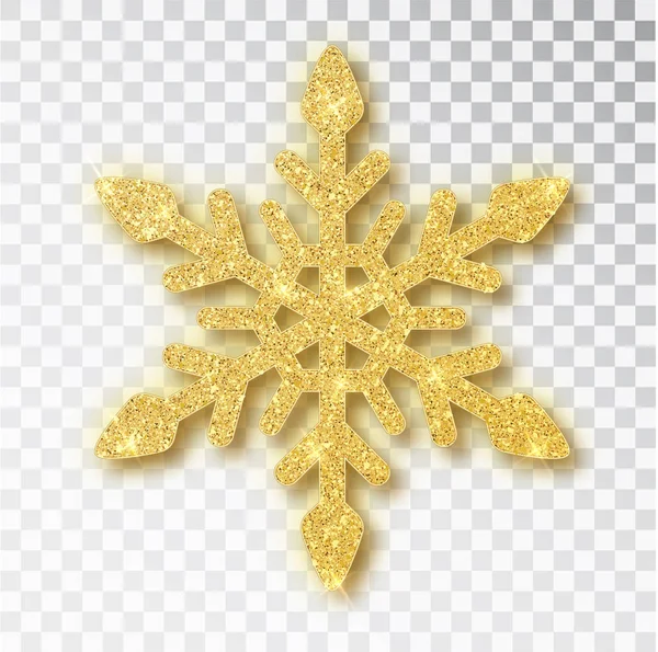 Irányítsuk az arany Hópihe glitter-ra átlátszó háttér borított. Karácsonyi dekoráció a fényes csillogó fény hatása. Vektor elszigetelt ikonra. Új év arany csillogó dísz — Stock Vector