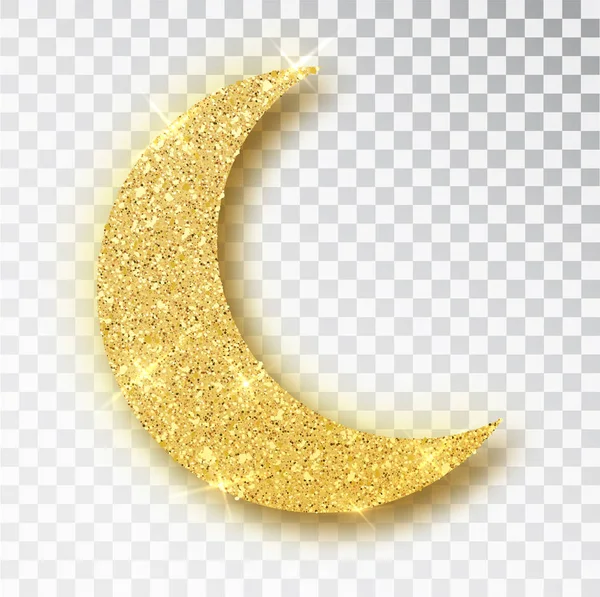 Crescent Islamic a Ramadan Kareem design elem elszigetelt. Arany csillám Hold vektor ikonja Crescent iszlám elszigetelt. Luxus aranyfélhold, Half moon arany csillogó konfetti részecskék háttér — Stock Vector