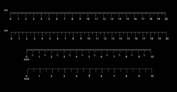 Лінійки дюймові та метричні лінійки. Вимірювальний інструмент. Індикатор вимірювання шкали сантиметрів і дюймів. Масштаб для лінійки в дюймах і сантиметрах. Вимірювальні ваги . — стоковий вектор