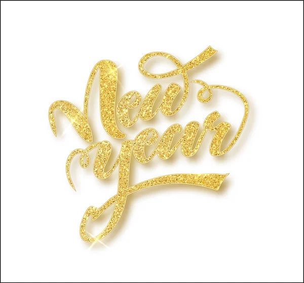 Cartão de Ano Novo com letras douradas brilhantes. Golden confett.Texto desenhado à mão, caligrafia para o seu design. Caligrafia lettering Ano Novo. Ilustração vetorial . — Vetor de Stock