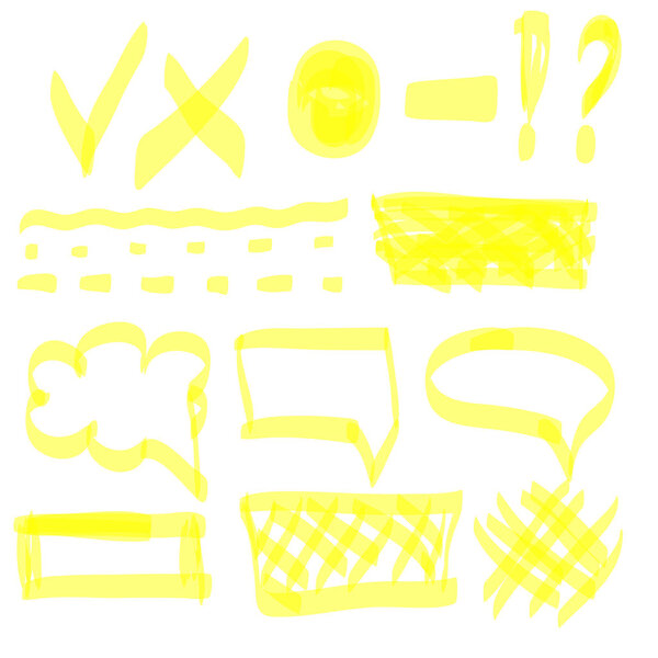 Hand drawn highlight marker lines set. Highlighter yellow strokes vector isolated on white background. Highlighter drawing design illustration.