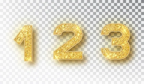 1, 2, 3 glitter typografi design. Guld gnistrande nummer utformningen av gratulationskort gott nytt år design. Guld lysande mönster. Vektor illustration — Stock vektor