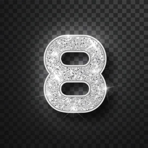 Alfabeto glitter argento numeri 8 con ombra. Vector realistick brillante carattere argento numero otto di scintille su sfondo nero. Per la decorazione di matrimonio carino, anniversario, festa, etichetta, titolo — Vettoriale Stock