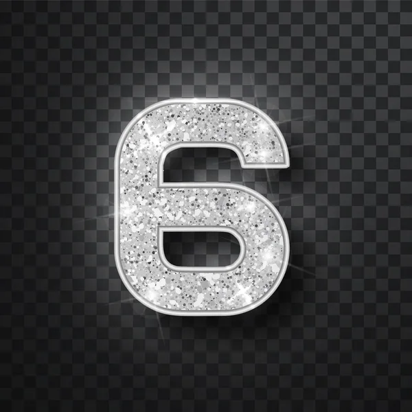 Silver glitter alfabetet nummer 6 med skugga. Vector realistick lysande silver font nummer sex av gnistrar på svart bakgrund. För dekoration av söta bröllop, årsdag, parti, etikett, rubrik — Stock vektor