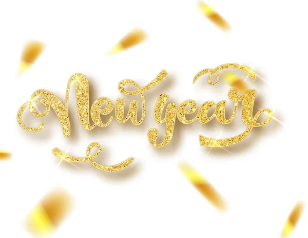 Cartea de Anul Nou cu litere de aur sclipici. Golden confett.Hand text desenat, caligrafie pentru design. Caligrafie scriind Anul Nou. Ilustrație vectorială . — Vector de stoc