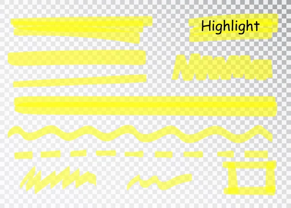 Žlutý tah značky zvýrazňovače. Podtrhávat čáry vektorové stopy štětce. Sada světel se žlutou akvarel. — Stockový vektor