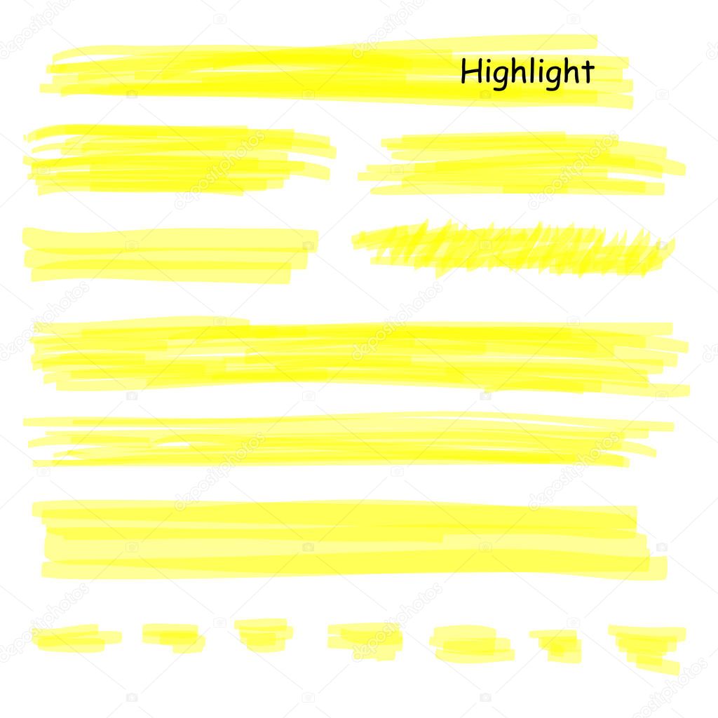 Hand drawn highlight marker lines set. Highlighter yellow strokes vector isolated on white background. Highlighter drawing design illustration.