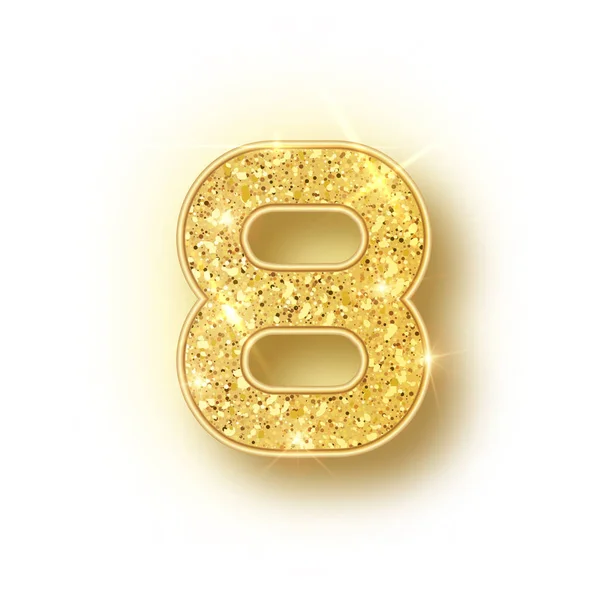 Alfabeto glitter oro numeri 8 con ombra. Vector realistick brillante carattere dorato numero otto di scintille su sfondo bianco. Per la decorazione di matrimonio carino, anniversario, festa, etichetta, titolo — Vettoriale Stock