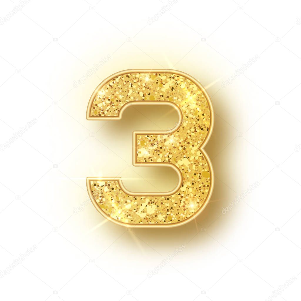 Gold glitter alphabet numbers 3 with shadow. Vector realistick shining golden font number three of sparkles on white background. For decoration of cute wedding, anniversary, party, label, headline