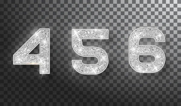 4, 5, 6 csillámpás tipográfia tervezés. Ezüst pezsgő számok tervezése üdvözlőkártya boldog új évet design. Ezüst csillogó Pattern. Vektoros illusztráció — Stock Vector