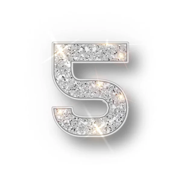Zilver glitter alfabet getallen 5 met schaduw. Vector realistick schijnt zilver lettertype nummer vijf van sparkles op witte achtergrond. Voor decoratie van leuke bruiloft, verjaardag, partij, label, kop — Stockvector