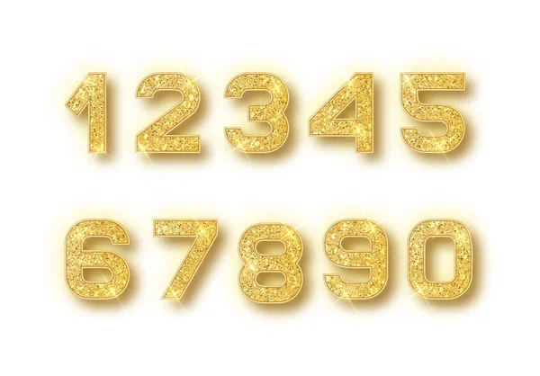 Números de alfabeto de brillo dorado con sombra. Vector realistick brillante número de fuente de oro 1,2,3,4,5,6,7,8,9,0 de destellos sobre fondo blanco. Para la decoración de la boda linda, aniversario, fiesta — Vector de stock
