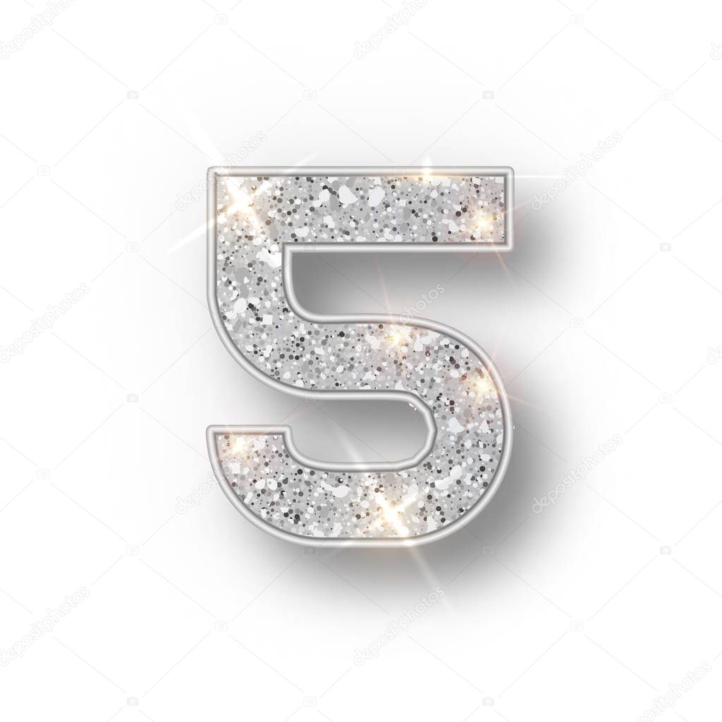 Silver glitter alphabet numbers 5 with shadow. Vector realistick shining silver font number five of sparkles on white background. For decoration of cute wedding, anniversary, party, label, headline
