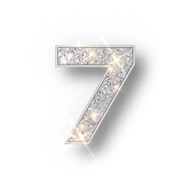 Silver glitter alfabet nummer 7 med skugga. Vector realistick lysande silver Font Number Sewen av gnistrar på vit bakgrund. För dekoration av söta bröllop, årsdag, fest, etikett, rubrik — Stock vektor