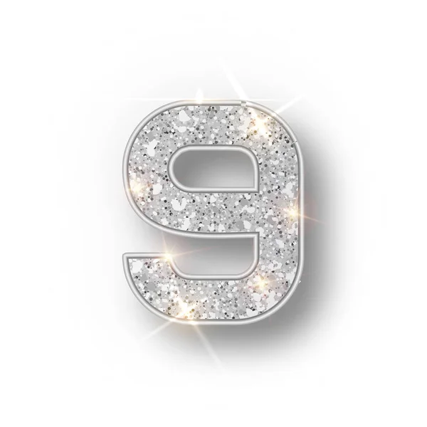 Alphabet à paillettes argentées 9 avec ombre. Vector realistick brillant numéro de police argent neuf d'étincelles sur fond blanc. Pour la décoration de mariage mignon, anniversaire, fête, étiquette, titre — Image vectorielle