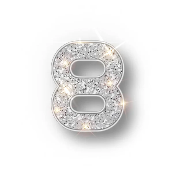 Silver glitter alfabetet nummer 8 med skugga. Vektor realistick lysande silver Font nummer åtta av gnistrar på vit bakgrund. För dekoration av söta bröllop, årsdag, fest, etikett, rubrik — Stock vektor