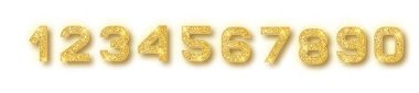 Altın glitter alfabe numaraları gölge ile ayarlanır. Vektör realistick parlayan altın yazı tipi sayısı 1,2,3,4,5,6,7,8,9,0 beyaz arka plan üzerinde Parıltılar. Sevimli düğün dekorasyonu için, yıldönümü, parti