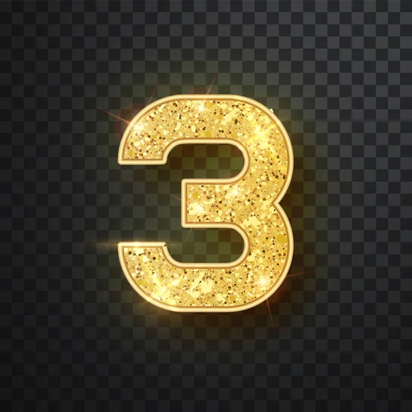 Kultakimallus numero kolme varjolla. Vektori realistinen paistaa kultainen fontti kuva 3 kirjoitus kimaltelee mustalla pohjalla. Koristeluun söpö häät, vuosipäivä, puolue, etiketti, otsikko — vektorikuva