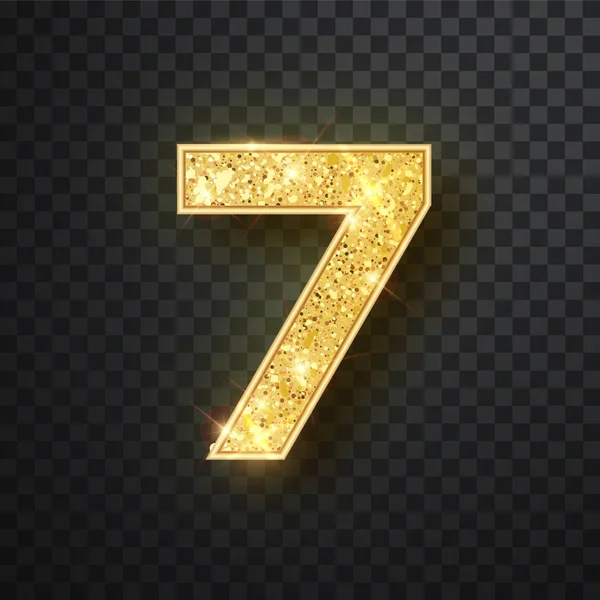 Paillettes d'or numéro sept avec ombre. Vector réalistick brillant doré fonte figure 7 lettrage d'étincelles sur fond noir. Pour la décoration de mariage mignon, anniversaire, fête, étiquette, titre — Image vectorielle