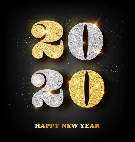 2020 Felice Anno Nuovo Biglietto di auguri con numeri d'oro e d'argento su sfondo nero. Illustrazione vettoriale. Buon Natale Design . — Vettoriale Stock