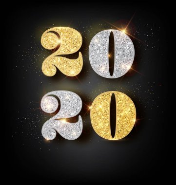 Happy New Year 2020 Parlak Yansıma ile Siyah Arka Plan Altın ve Gümüş Numaraları ile Tebrik Kartı. Vektör İllüstrasyon. Mutlu Noeltasarım.