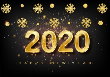 2020 yılbaşı geçmişi. Siyah arka planda düşmüş altın parıltılı konfeti etiketli tatil etiketi. Takvim tasarım şablonu. Tebrik kartı web pankartı