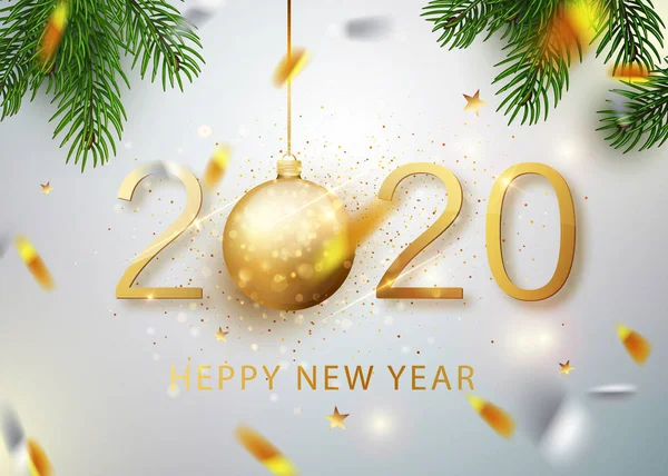 2020 gelukkig Nieuwjaar. Gouden nummers ontwerp van de wenskaart van vallende glanzende confetti. Goud glanzend patroon. Happy New Year banner met 2020 nummers op heldere achtergrond. Vector illustratie. — Stockvector