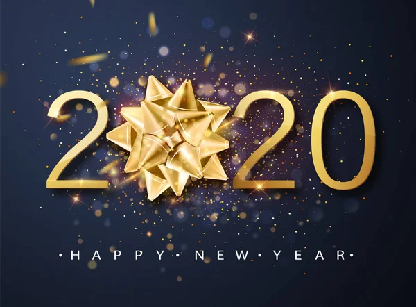 2020 Happy New Year fond vectoriel avec arc cadeau doré, confettis, chiffres blancs. Modèle de conception de carte de voeux vacances d'hiver. affiches Noël et Nouvel An — Image vectorielle