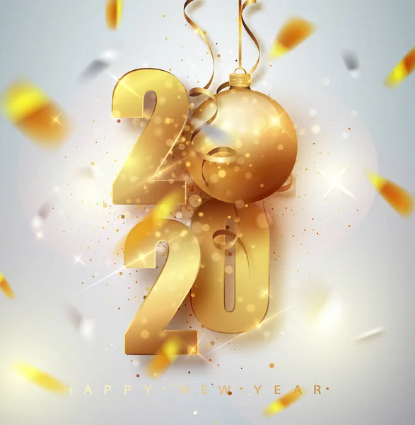 Happy New 2020 Year. . Holiday vector illustration of golden metallic numbers 2020. Gold Numbers Design of greeting card of Falling Shiny Confetti.