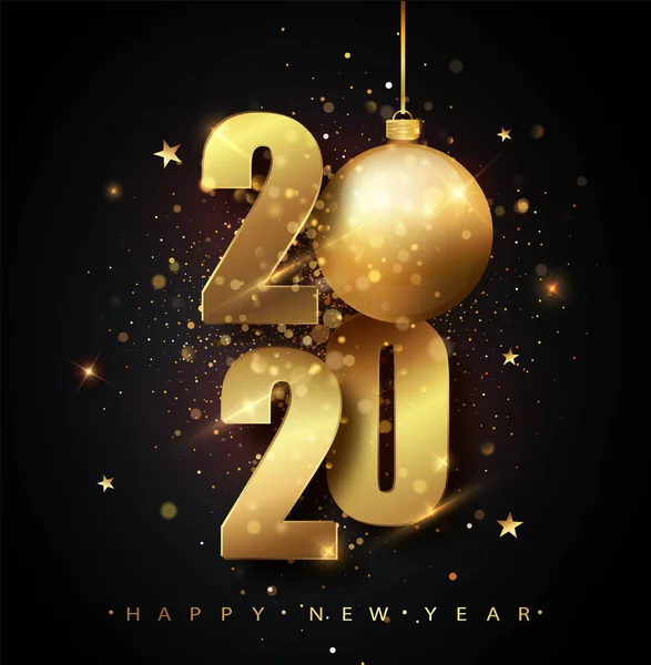Happy New 2020 Year. Holiday vector illustration of golden metallic numbers 2020. Gold Numbers Design of greeting card of Falling Shiny Confetti. New Year and Christmas posters.