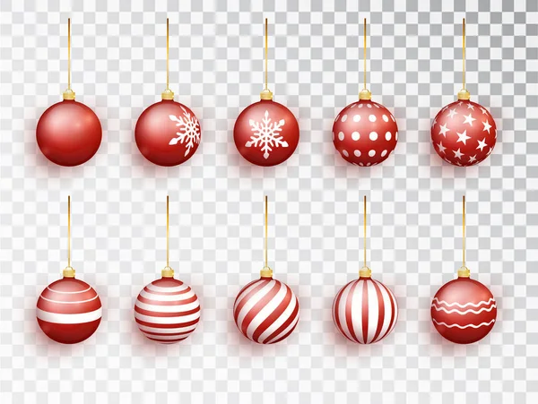 Palle di Natale rosse su bianco isolato. Set di decorazioni realistiche isolate. Giocattolo dell'albero di Natale. Oggetti vettoriali per il design natalizio, mockup. Calza decorazioni natalizie . — Vettoriale Stock