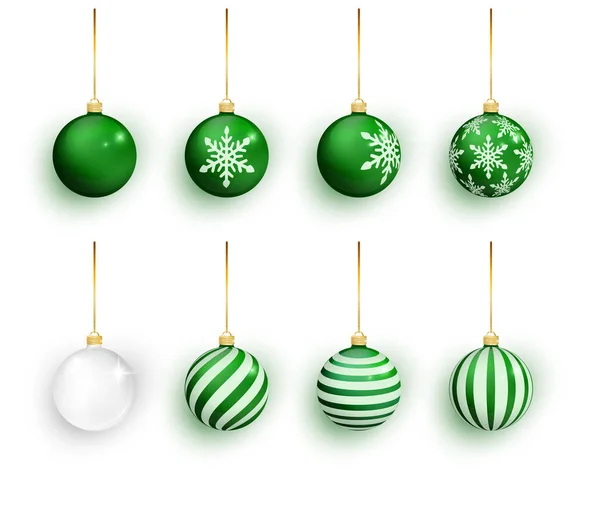 Green christmas balls set isolated on white. Stocking Christmas decorations. Green Christmas ball with snow effect set. Vector illustration — Stock Vector