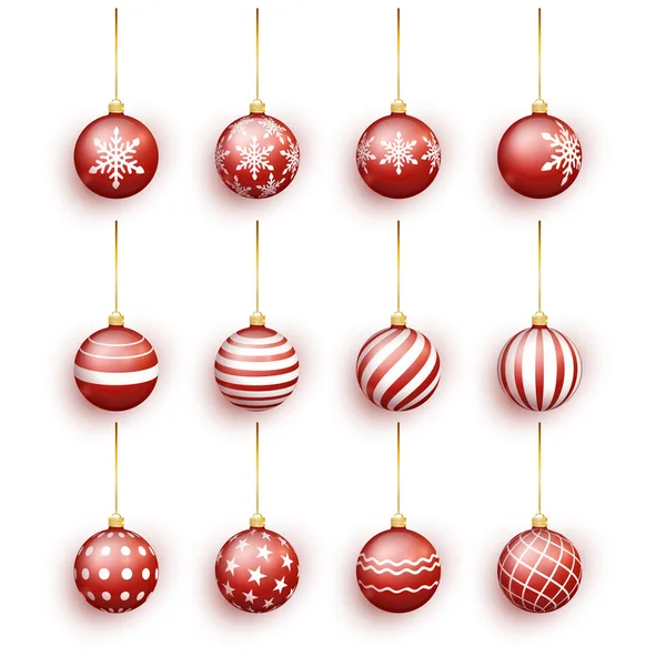 Red christmas balls set isolated on white. Stocking Christmas decorations. Red Christmas ball with snow effect set. Vector illustration — Stock Vector