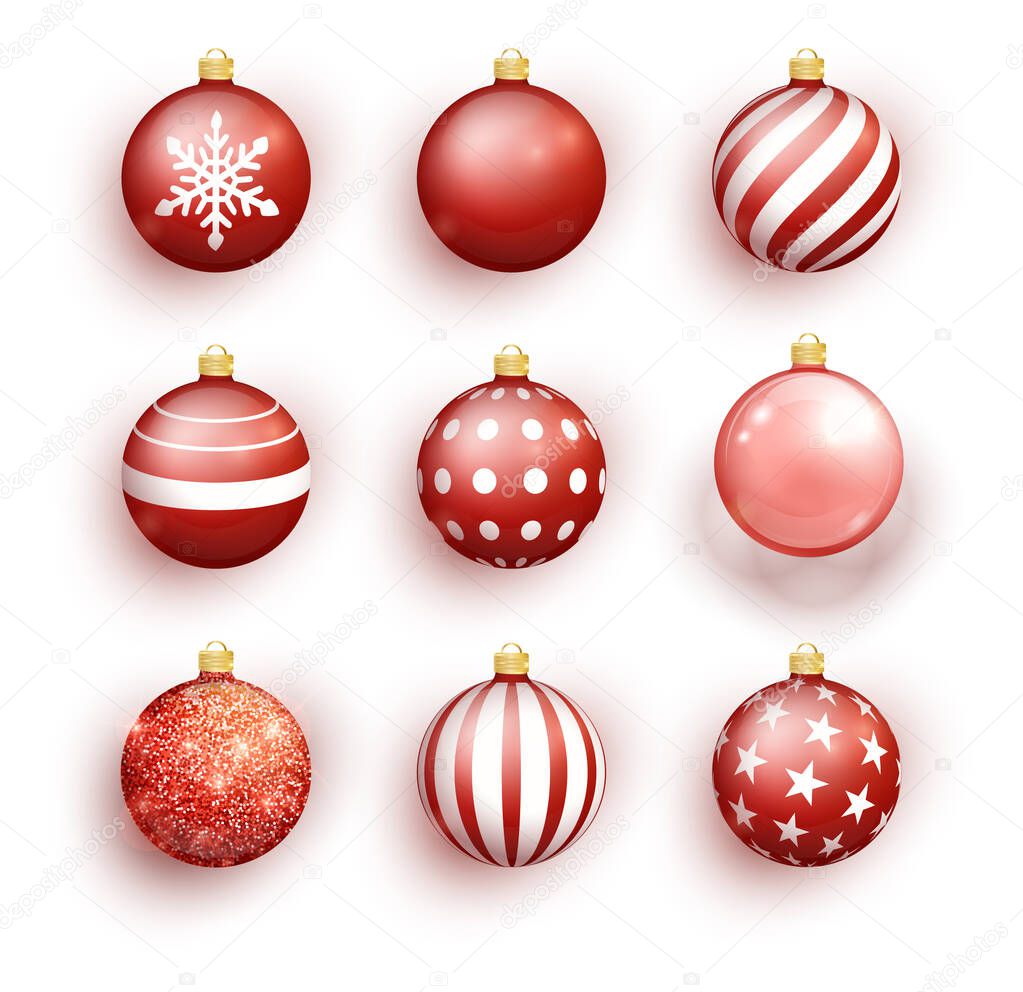 Red christmas balls isolated on white. Set Christmas tree toy set isolated . Vector object for christmas design, mockup. Stocking Christmas decorations.