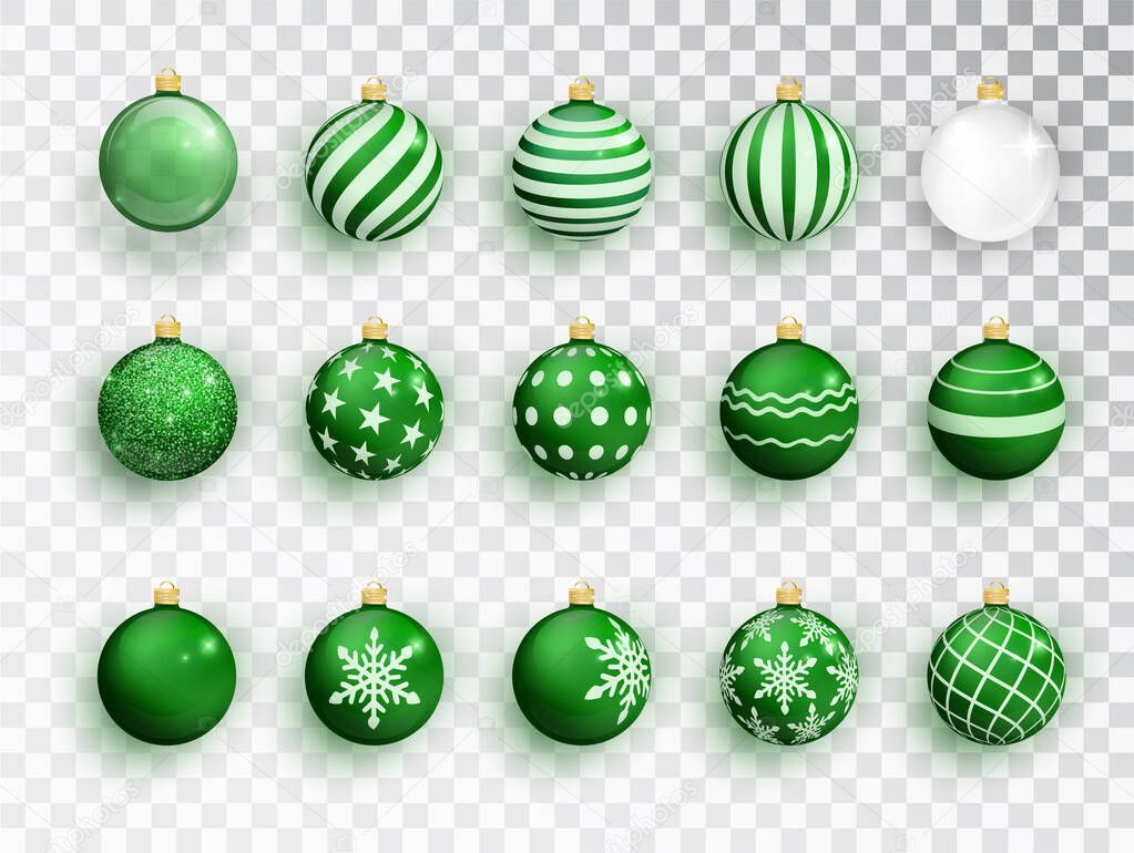 Green christmas balls on white isolated. Set of isolated realistic decorations. Christmas tree toy. Vector object for christmas design, mockup. Stocking Christmas decorations.