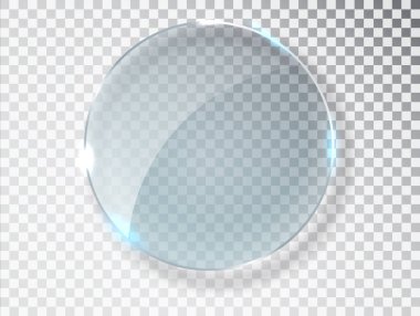 Şeffaf arka planda izole edilmiş yazıtların bulunduğu cam daire rozeti. Cam plaka modeli. Cam iskelet. Fotoğraf gerçekçi vektör illüstrasyonu.