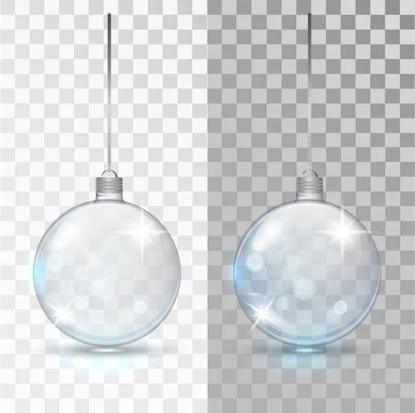 Glass transparent Christmas ball. Xmas glass bauble on transparent background. Holiday decoration template. Stocking Christmas decorations.Transparent vector object for design, mocap. Vector — Stock Vector