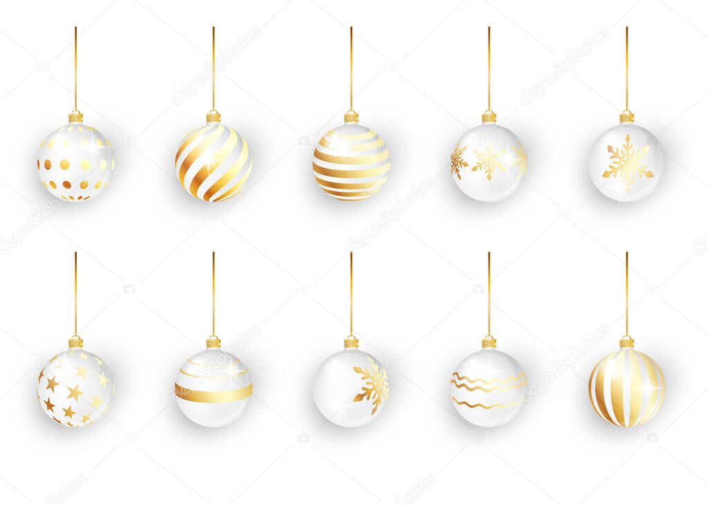 White christmas balls on white isolated. Set of isolated realistic decorations. Christmas tree toy. Vector object for christmas design, mockup. Stocking Christmas decorations.