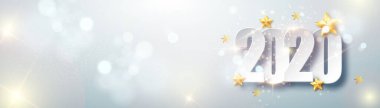 Mutlu 2020 seneleri. Altın Noel yıldızının tatil vektör çizimi. Düşen Parlak Konfeti 'nin Tebrik Kartı Tasarımı.