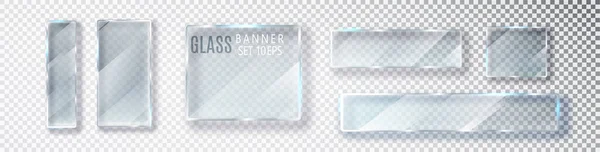 Set de banners transparentes de vidrio. Placas de vidrio vectorial con un lugar para inscripciones aisladas sobre fondo transparente. Vidrio plano. Diseño 3D realista. Vector transparente objeto 10 eps — Vector de stock