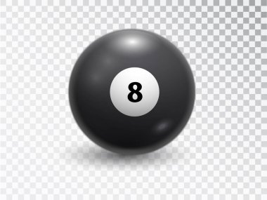 Karar vermek için sihirli kehanet küresi. Şeffaf arkaplanda sekiz bilardo topu var. Parlak parlak top ve 8 numara. Gerçekçi siyah küre
