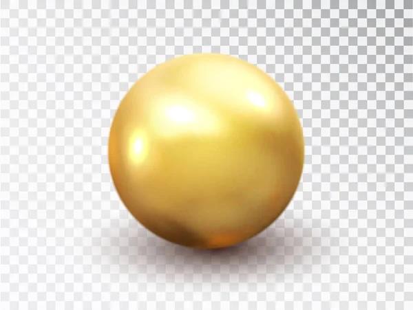 Goldene Kugel isoliert auf transparentem Hintergrund. Goldener, glänzender 3D-Ball mit grellen Farben. Runde Form, geometrisch einfach, Figurenkreis. Vector 3D Metallkugel, glänzende Kapsel Kugel Symbol. — Stockvektor