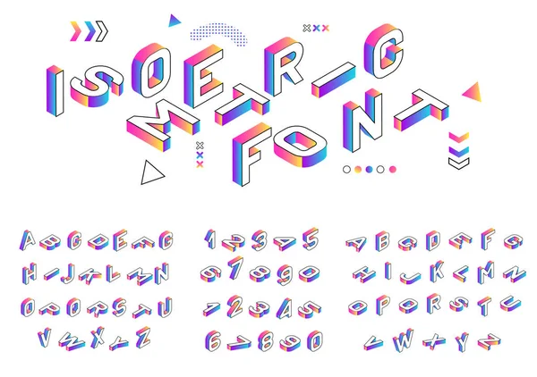 Isometrische lettertype. Creatief gekleurde geometrische alfabet. 3d gradiënt letters cijfers teken vector set. — Stockvector