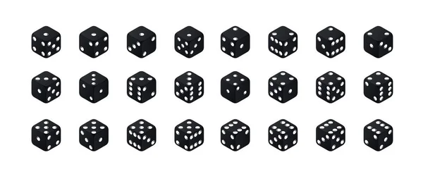 Isometrische Würfel. Varianten schwarze Spielwürfel isoliert auf weißem Hintergrund. Alle möglichen Umdrehungen authentische Sammlung Symbole in realistischem Stil. Glücksspielkonzept — Stockvektor